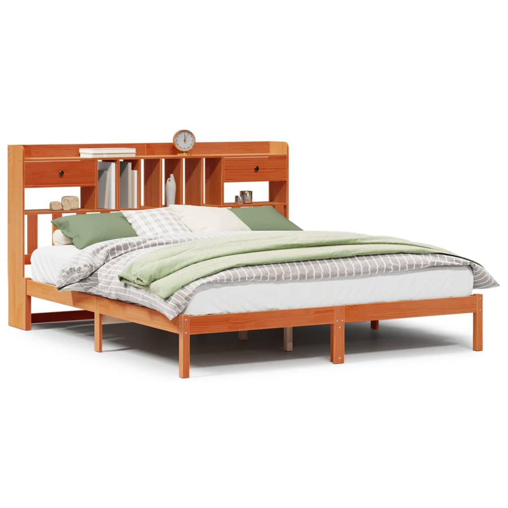 Pat cu bibliotecă fără saltea maro 200x200 cm lemn masiv de pin GartenMobel Dekor