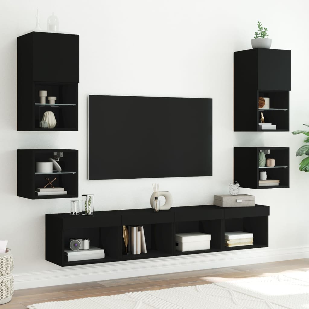 Comodă TV de perete cu lumini LED, negru, 30x28,5x30 cm GartenMobel Dekor