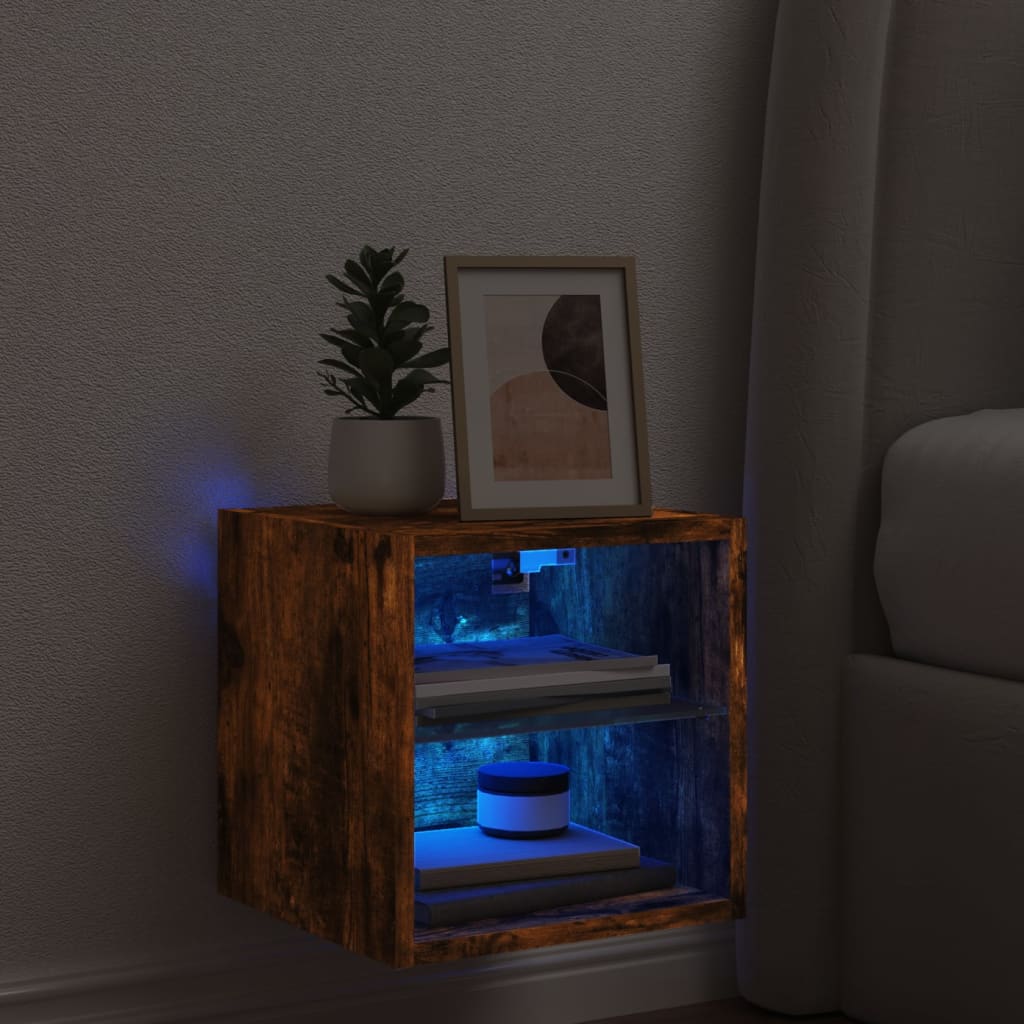 Comodă TV de perete cu lumini LED, stejar fumuriu 30x28,5x30 cm GartenMobel Dekor