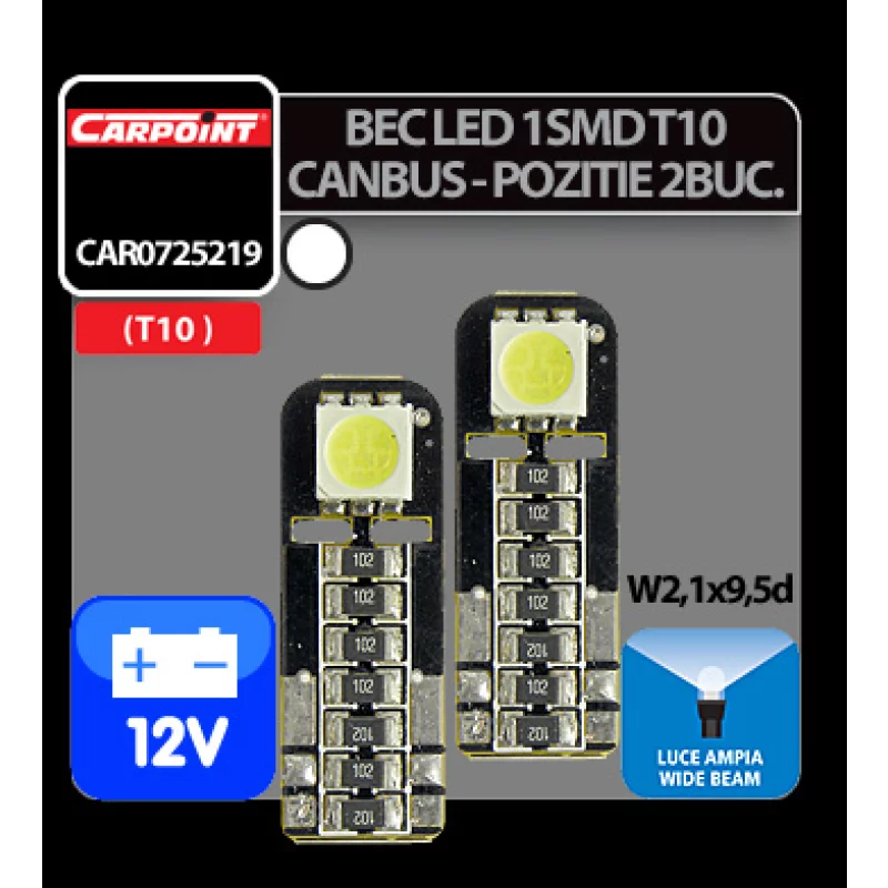 Bec Led - 1SMD 12V pozitie T10 W21x95d Canbus 2buc Carpoint - Alb dispersat Garage AutoRide