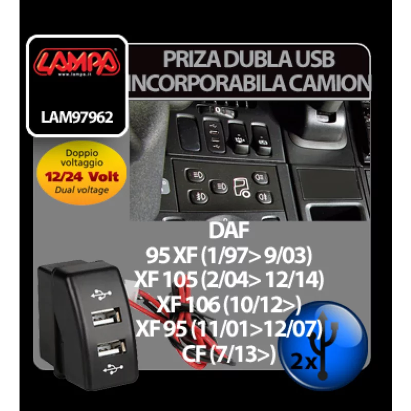 Priza dubla USB incorporabila 12/24V camion - Daf Garage AutoRide