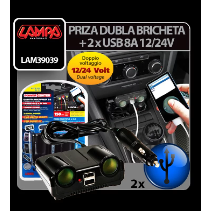 Priza dubla bricheta cu 2xUSB 8A 12/24V Garage AutoRide