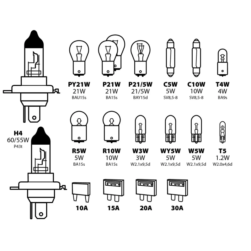 Kit becuri si sigurante 19buc 12V - halogen 2xH4 P43 Garage AutoRide