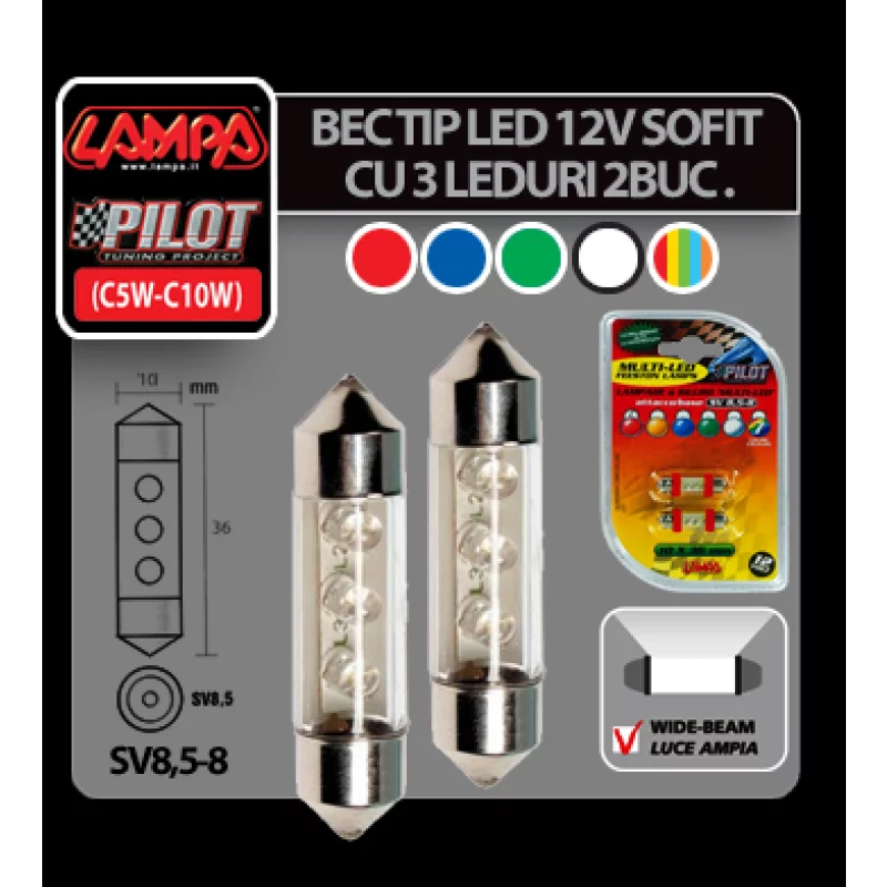 Bec tip LED 12V sofit cu 3 leduri 10x36mm SV85-8 (C5W) 2buc - Alb Garage AutoRide