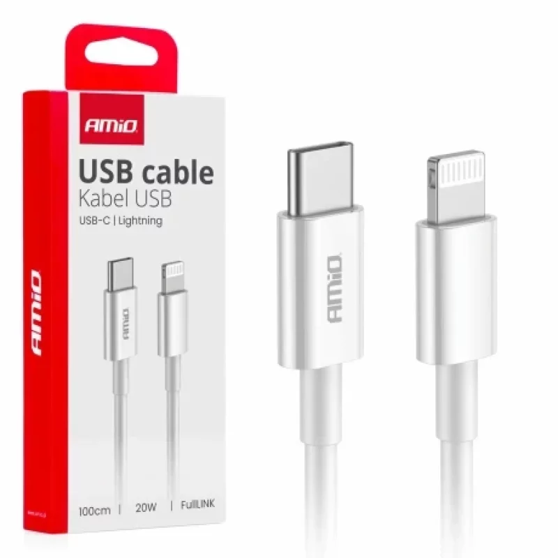 Cablu de date si incarcare USB Type-C la tip Lightning 20W 100cm FullLINK Amio Alb Garage AutoRide