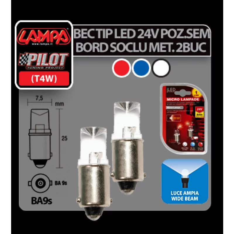 Bec tip LED 24V poz semn bord soclu metal T4W BA9s 2buc - Rosu Garage AutoRide