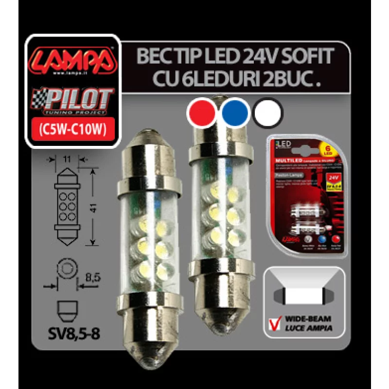 Bec tip LED 24V sofit cu 6 leduri 11x41mm SV85-8 2buc - Alb Garage AutoRide