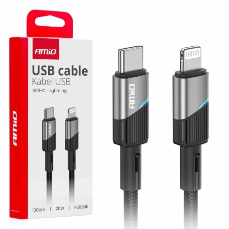 Cablu de date si incarcare USB Type-C la tip Lightning 20W 100cm cu LED FullLINK Amio Negru Garage AutoRide