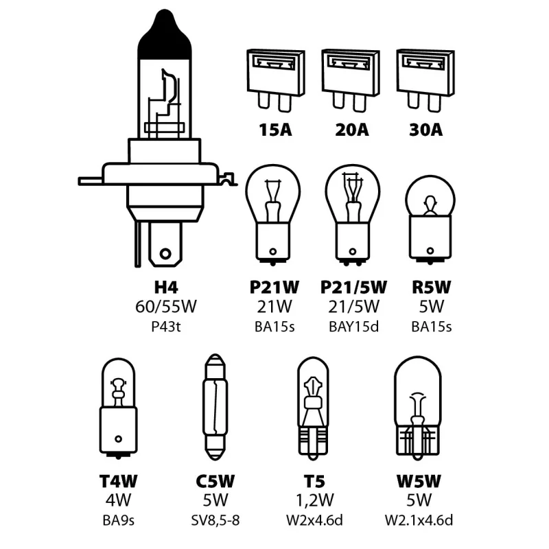 Kit becuri si sigurante 11buc 12V - halogen H4 P43 Garage AutoRide