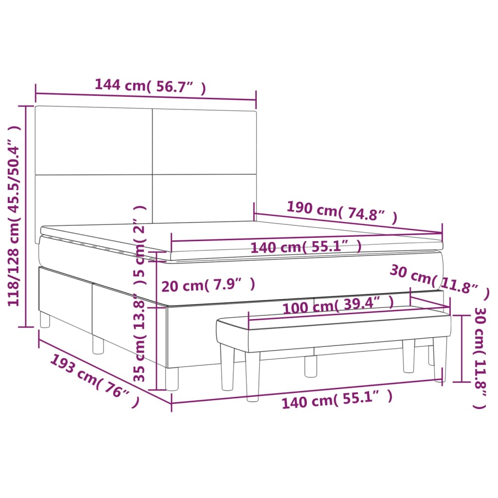 Pat box spring cu saltea, gri, 140x190 cm, piele ecologică GartenMobel Dekor