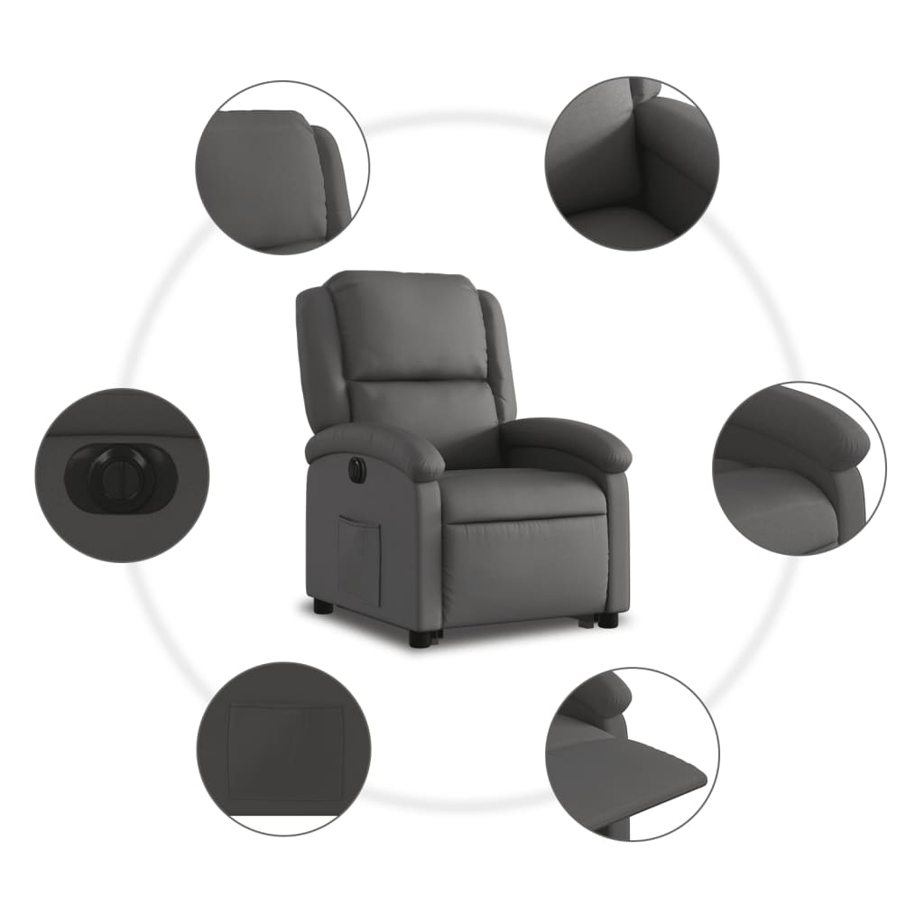Fotoliu rabatabil electric cu ridicare, gri, piele naturală GartenMobel Dekor