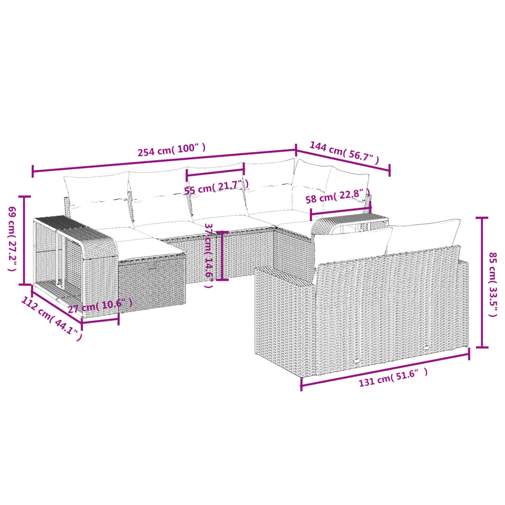 Set mobilier de grădină cu perne, 10 piese, gri, poliratan GartenMobel Dekor