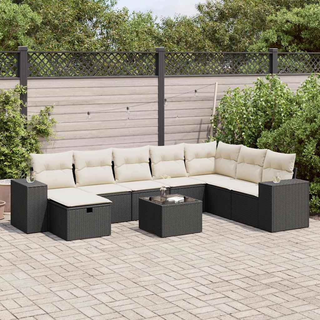 Set mobilier de grădină cu perne, 9 piese, negru, poliratan GartenMobel Dekor
