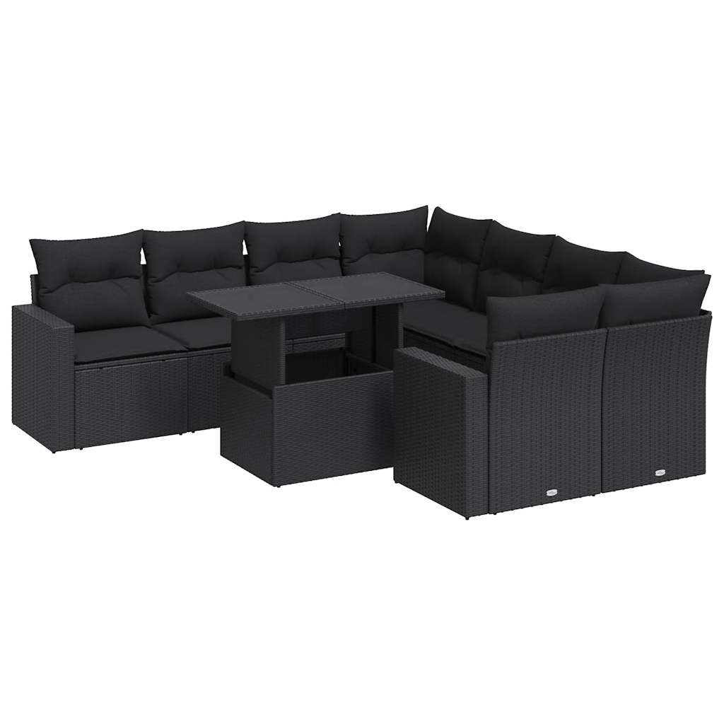 Set mobilier de grădină cu perne, 9 piese, negru, poliratan GartenMobel Dekor