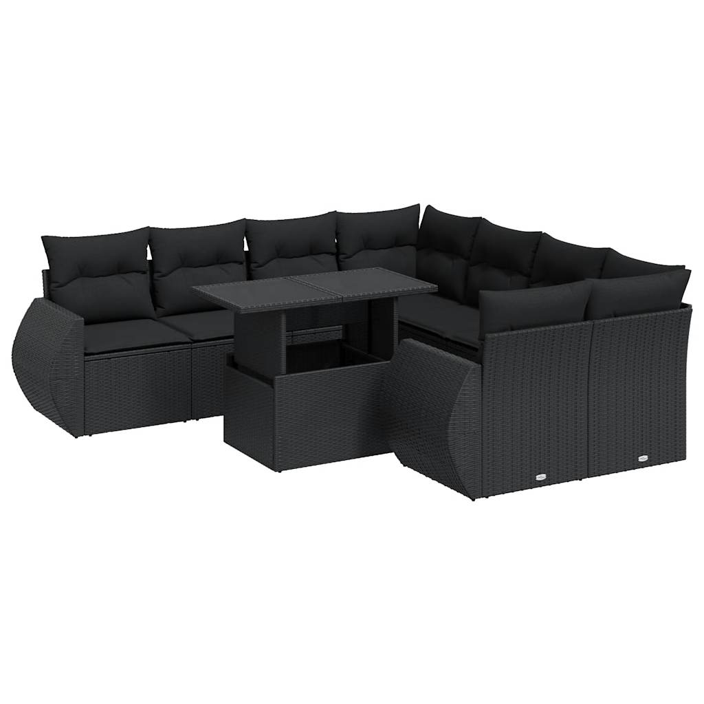 Set mobilier de grădină cu perne, 9 piese, negru, poliratan GartenMobel Dekor
