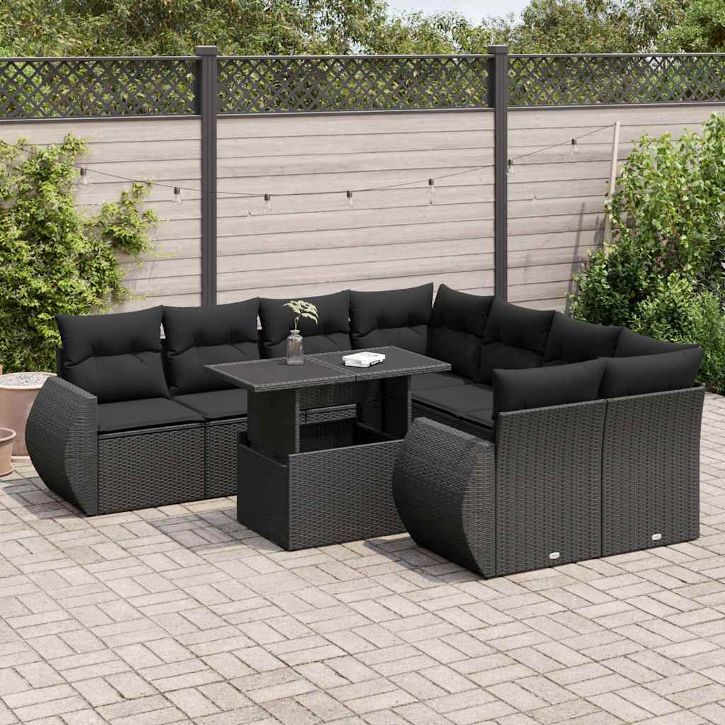 Set mobilier de grădină cu perne, 9 piese, negru, poliratan GartenMobel Dekor