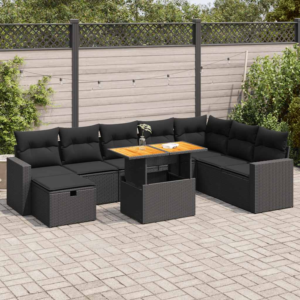 Set mobilier grădină perne 9 piese negru poliratan/lemn acacia GartenMobel Dekor
