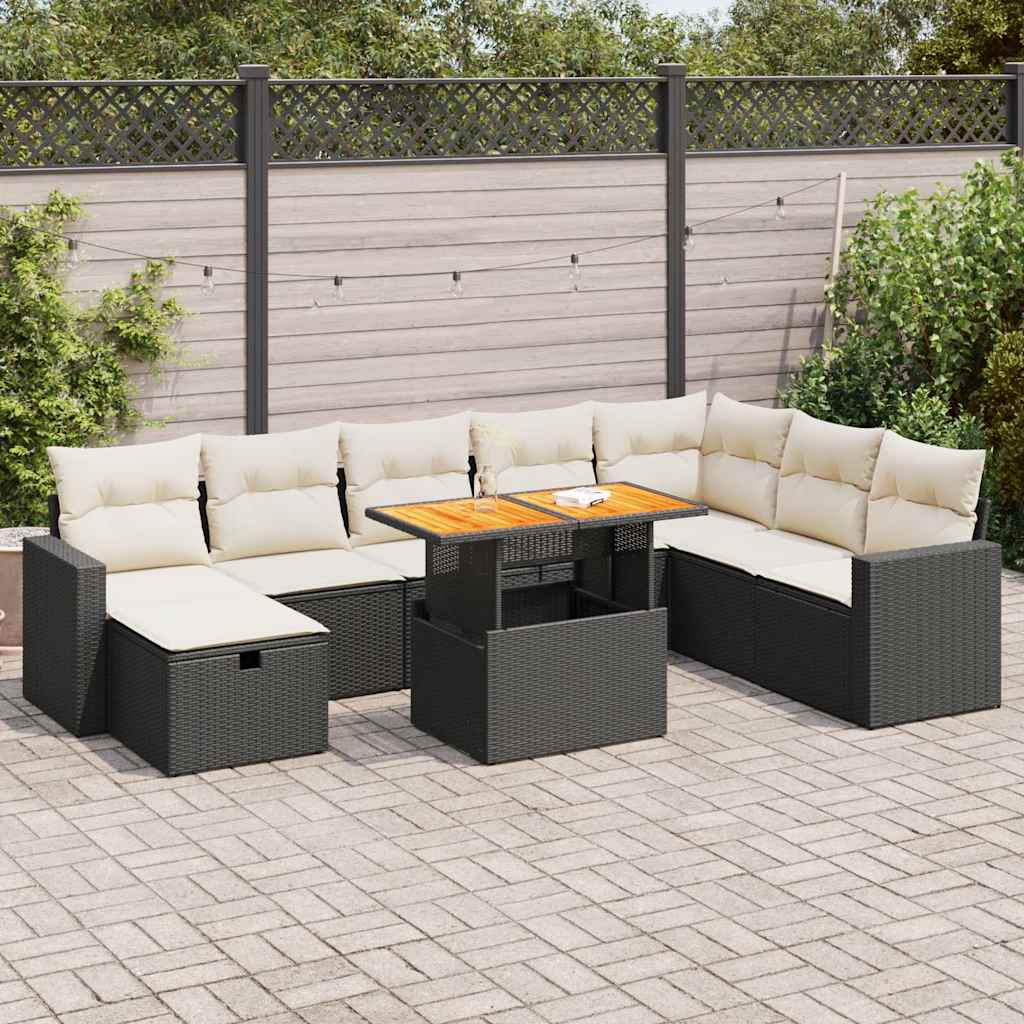 Set mobilier grădină perne 9 piese negru poliratan/lemn acacia GartenMobel Dekor