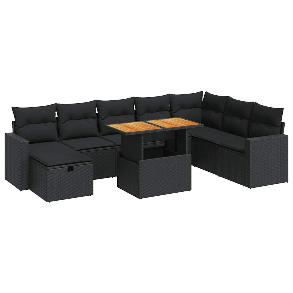Set mobilier grădină perne 9 piese negru poliratan/lemn acacia GartenMobel Dekor