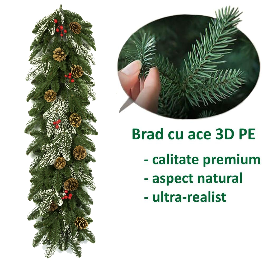 Ghirlanda de Craciun cu Ace 3D PE Frozen Premium din Crengute de Brad Artificial, Lungime 110cm, Diametru 30cm