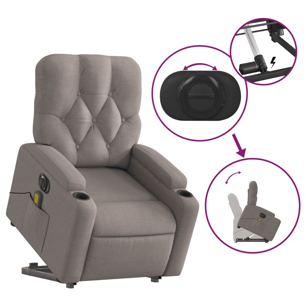 Fotoliu electric masaj rabatabil cu ridicare, gri taupe, textil GartenMobel Dekor
