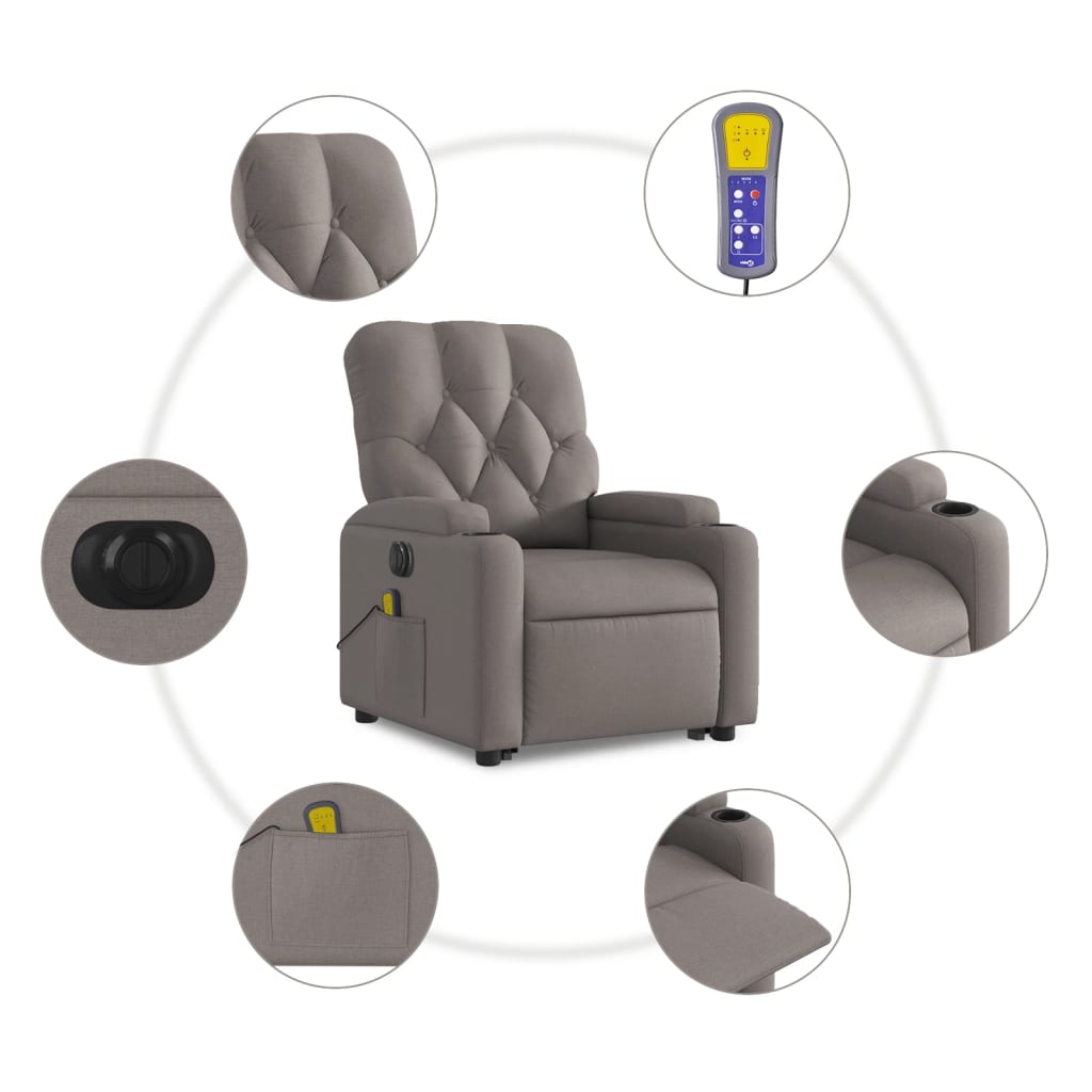 Fotoliu electric masaj rabatabil cu ridicare, gri taupe, textil GartenMobel Dekor