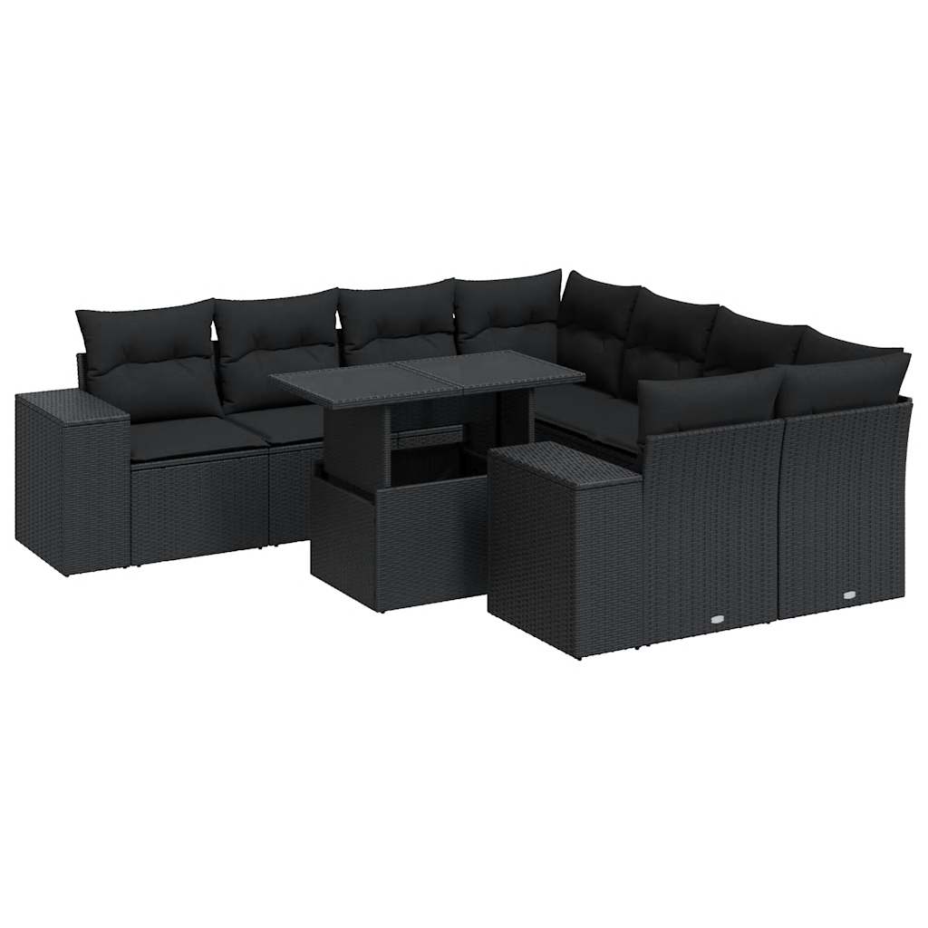 Set mobilier de grădină cu perne, 9 piese, negru, poliratan GartenMobel Dekor