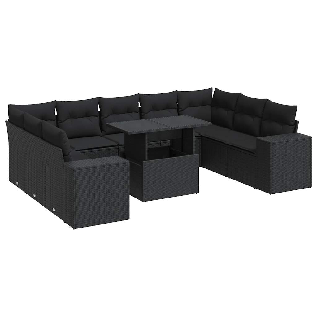 Set canapele de grădină cu perne, 10 piese, negru, poliratan GartenMobel Dekor