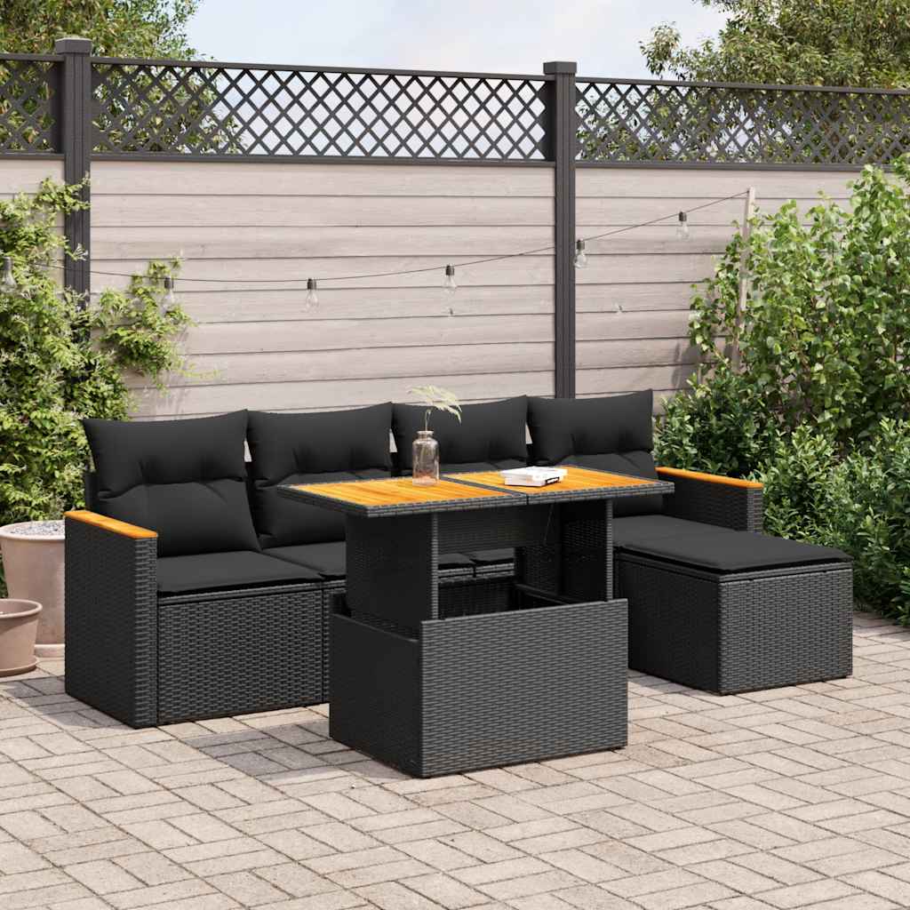 Set mobilier grădină perne 6 piese negru poliratan/lemn acacia GartenMobel Dekor