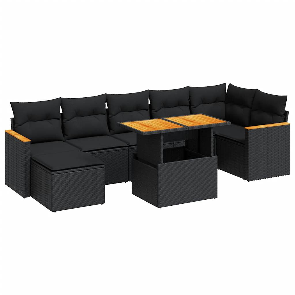 Set mobilier grădină perne 8 piese negru, poliratan/lemn acacia GartenMobel Dekor