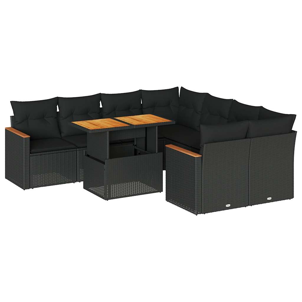 Set mobilier grădină perne 9 piese negru poliratan/lemn acacia GartenMobel Dekor