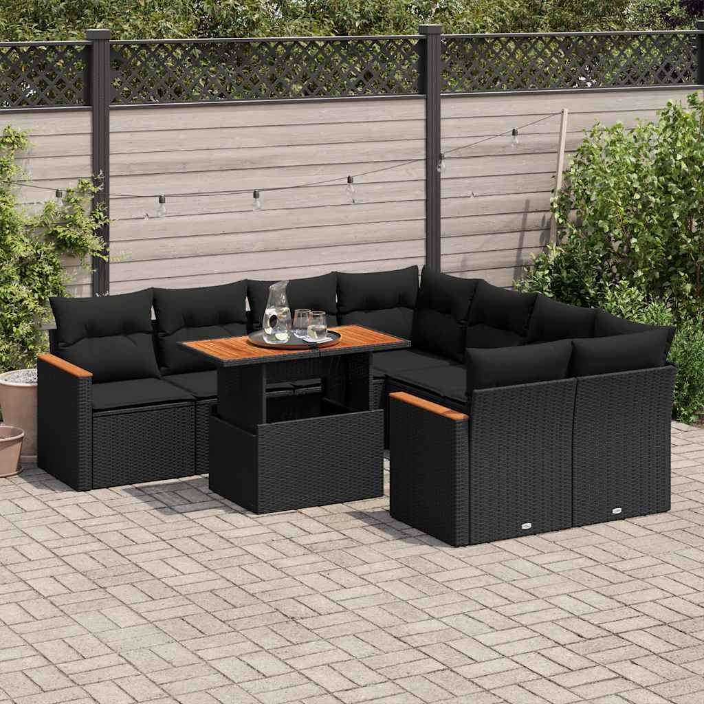 Set mobilier grădină perne 9 piese negru poliratan/lemn acacia GartenMobel Dekor
