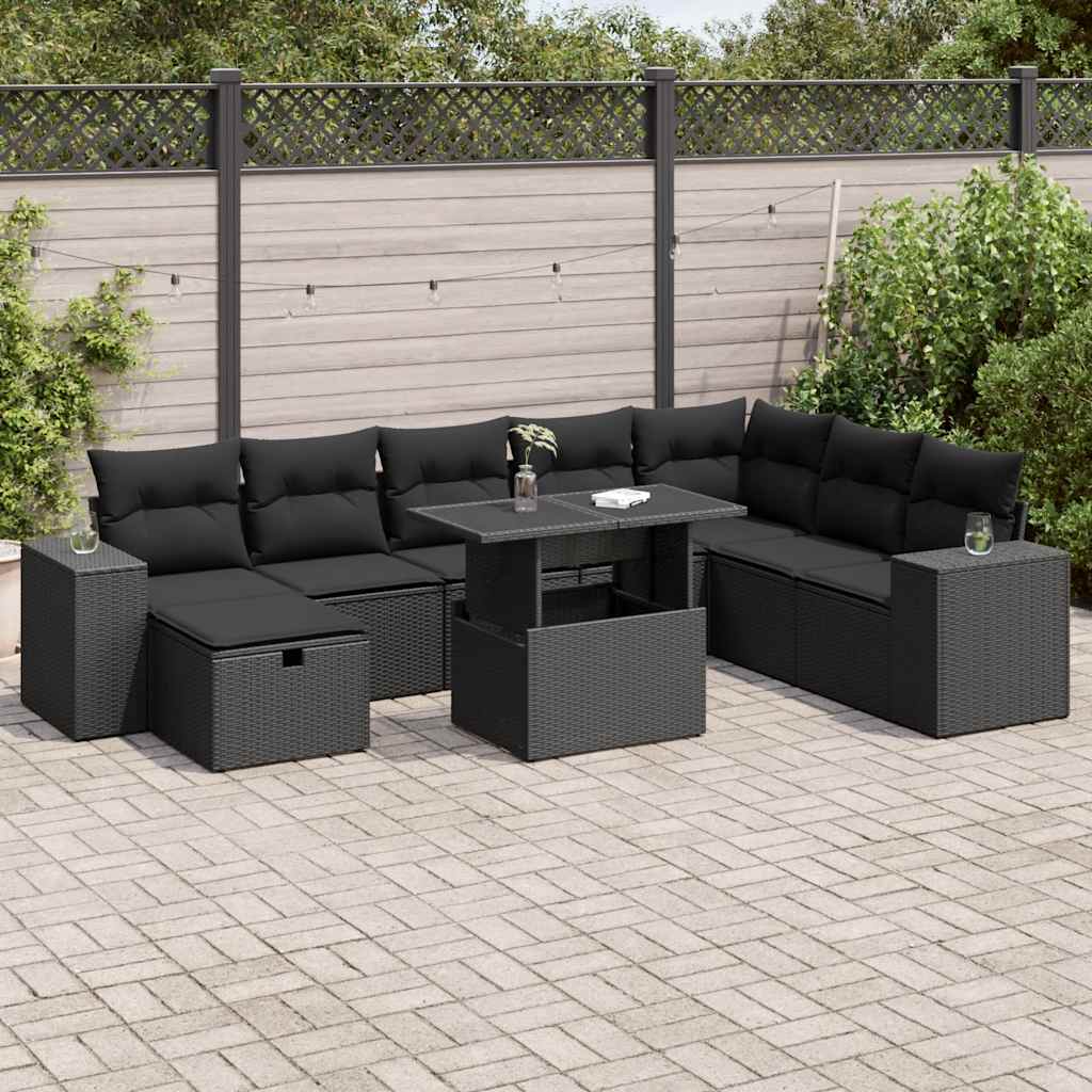 Set mobilier de grădină cu perne, 9 piese, negru, poliratan GartenMobel Dekor