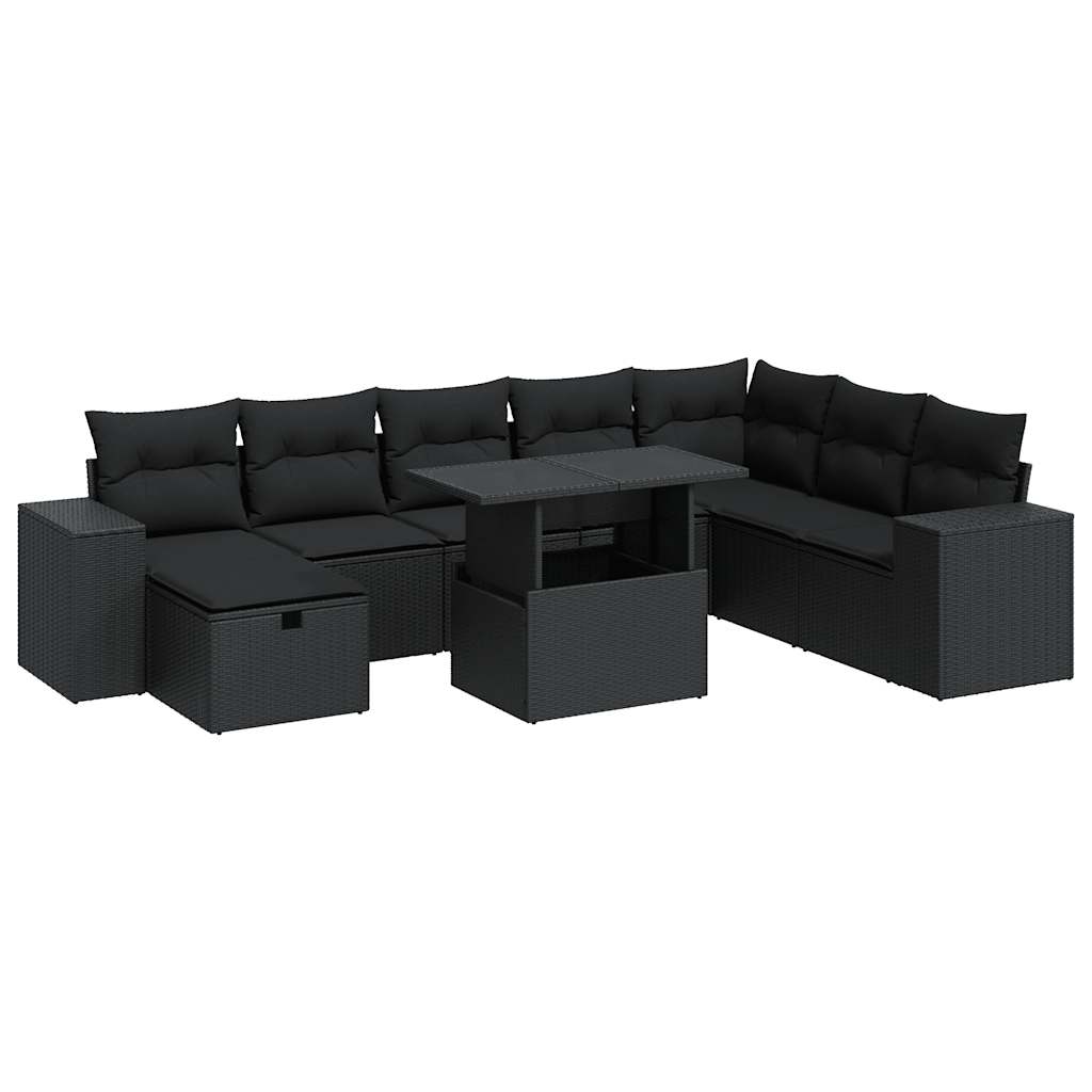 Set mobilier de grădină cu perne, 9 piese, negru, poliratan GartenMobel Dekor