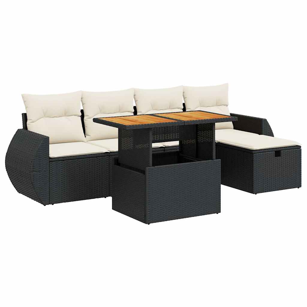 Set mobilier grădină perne 6 piese negru poliratan/lemn acacia GartenMobel Dekor