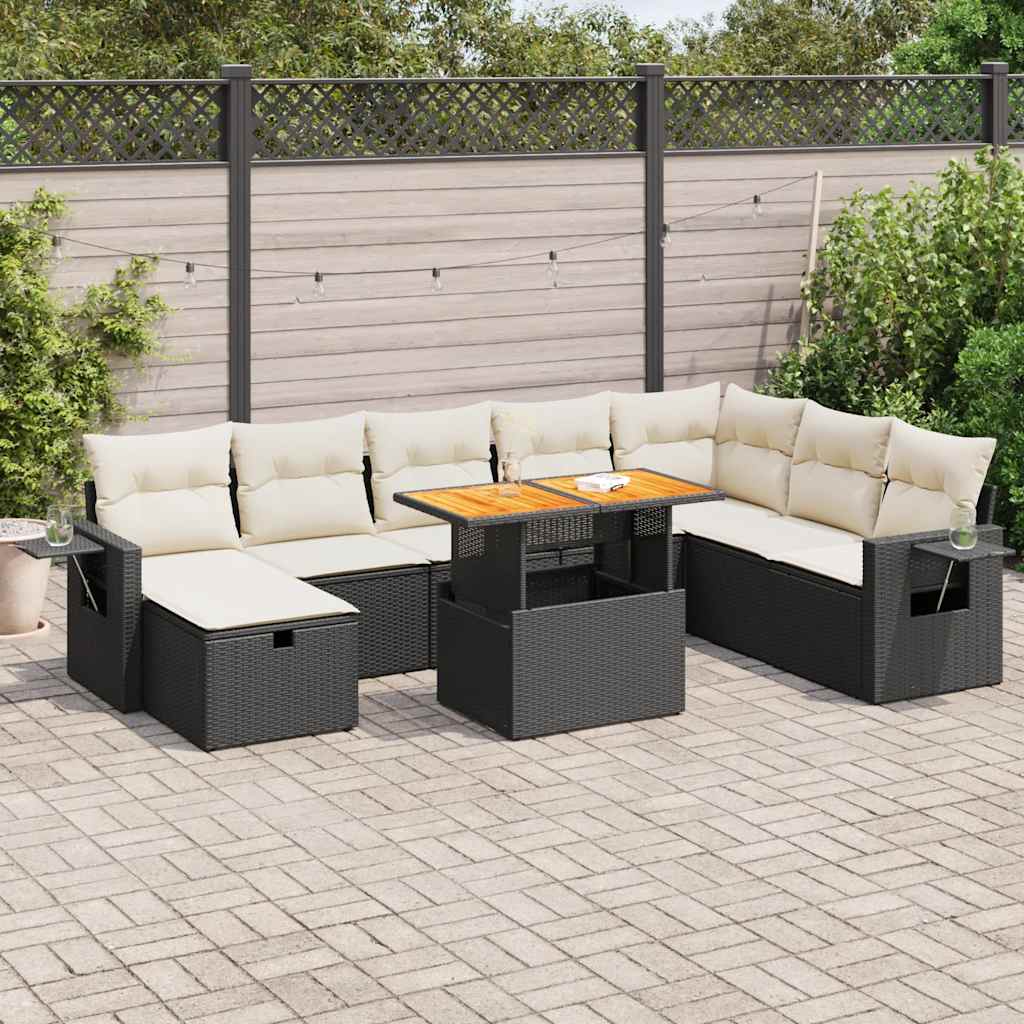 Set mobilier grădină perne 9 piese negru poliratan/lemn acacia GartenMobel Dekor