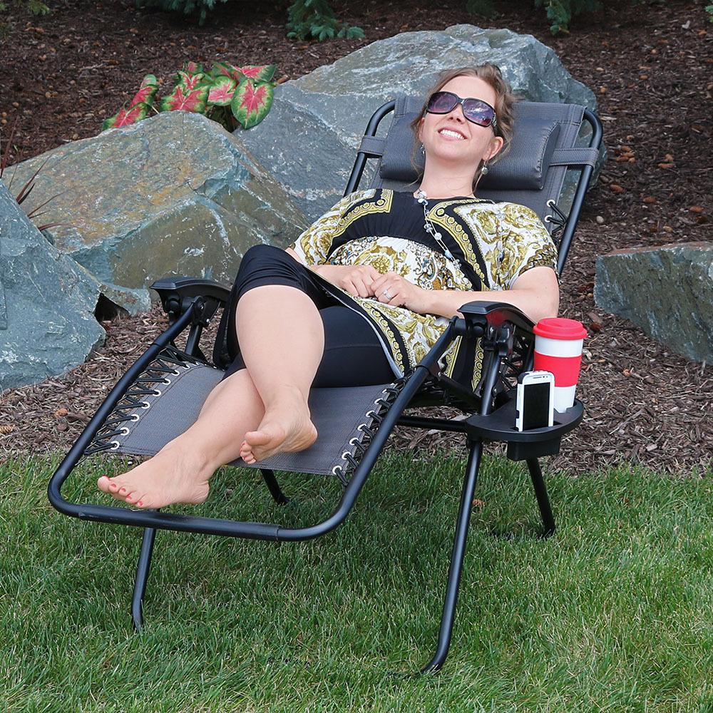 Scaun tip Sezlong Pliabil Gravitatie Zero Gladiator pentru Terasa, Gradina sau Plaja cu Tetiera si Suport Bauturi, Reglabil, Gri