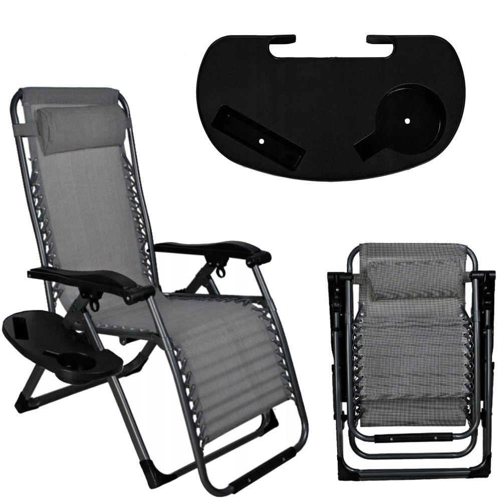 Scaun tip Sezlong Pliabil Gravitatie Zero Gladiator pentru Terasa, Gradina sau Plaja cu Tetiera si Suport Bauturi, Reglabil, Gri
