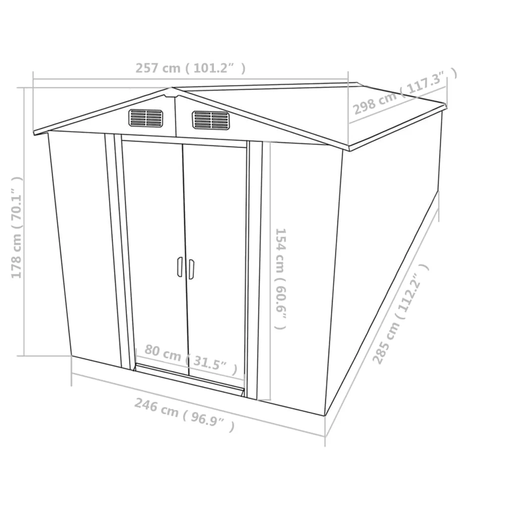 Magazie Sopron de Gradina, 257x298x178 cm, Metalica, Usi Glisante, 4 Guri Aerisire, Culoare Gri