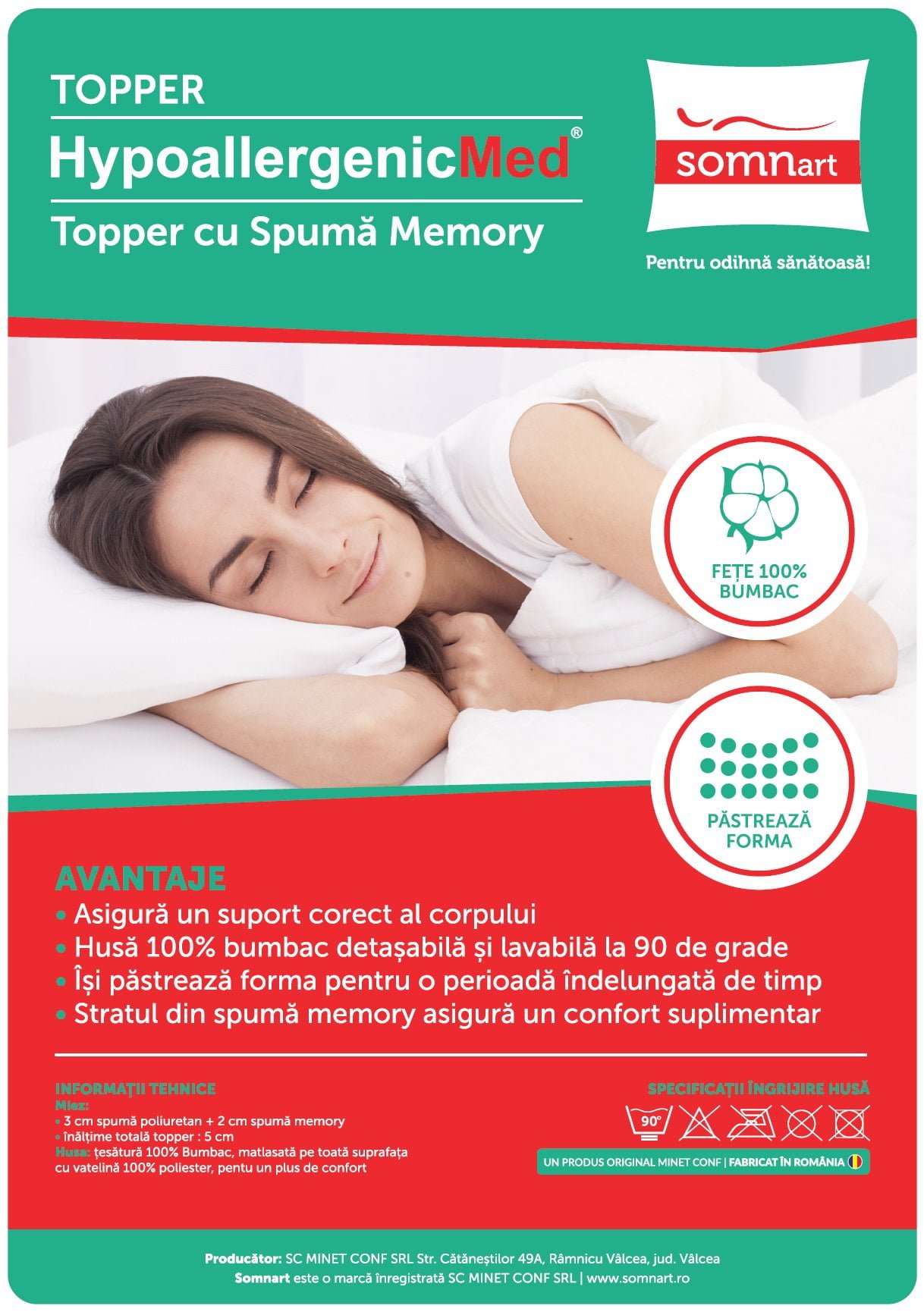 Topper cu memorie, husa bumbac, detasabila, spalare la 90°C, HypoallergenicMed Somnart, 180x200 cm Relax KipRoom