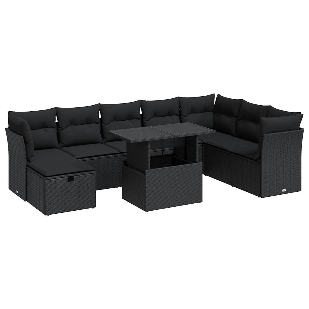 Set mobilier de grădină cu perne, 9 piese, negru, poliratan GartenMobel Dekor