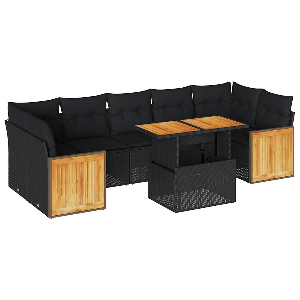 Set mobilier grădină perne 8 piese negru, poliratan/lemn acacia GartenMobel Dekor