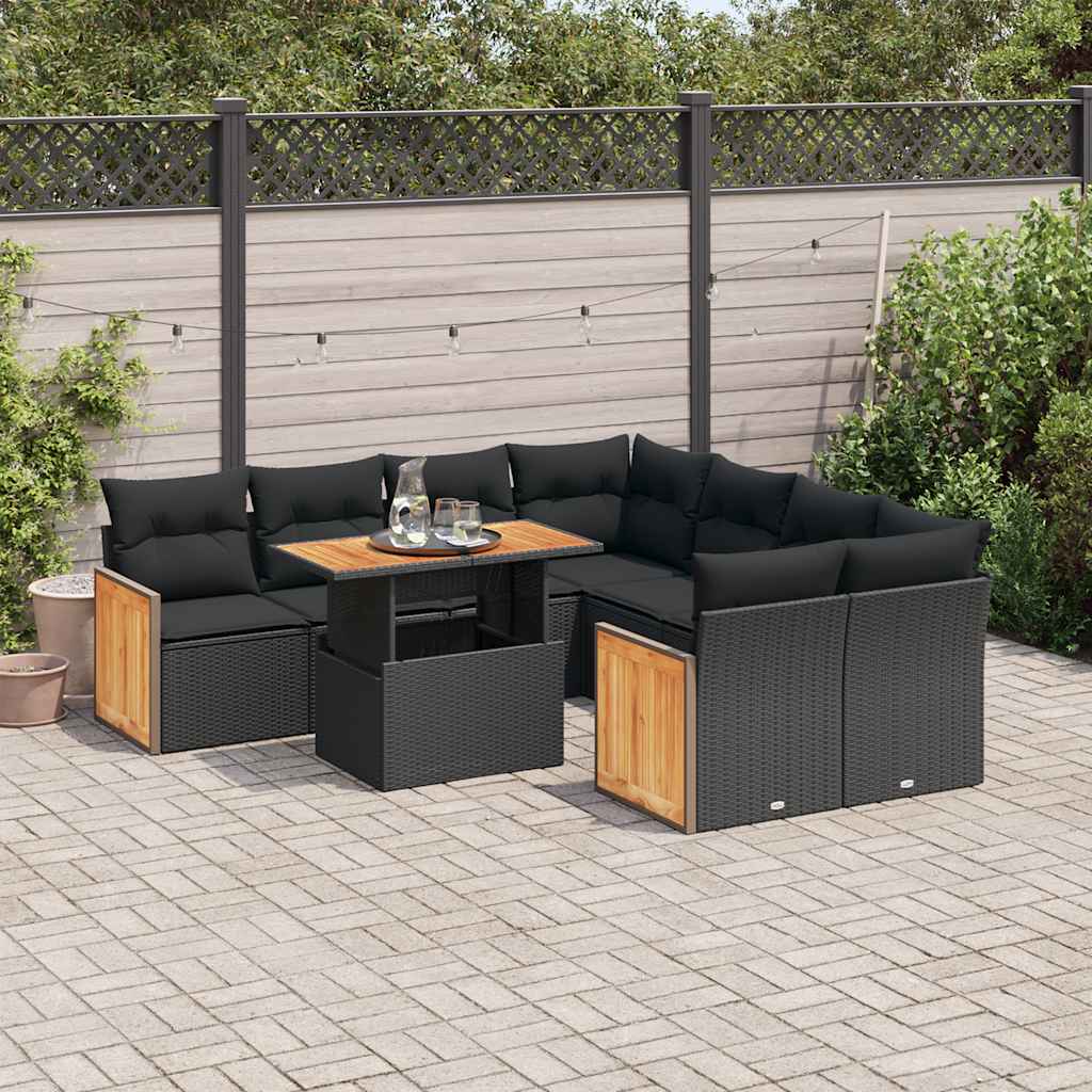 Set mobilier grădină perne 9 piese negru poliratan/lemn acacia GartenMobel Dekor