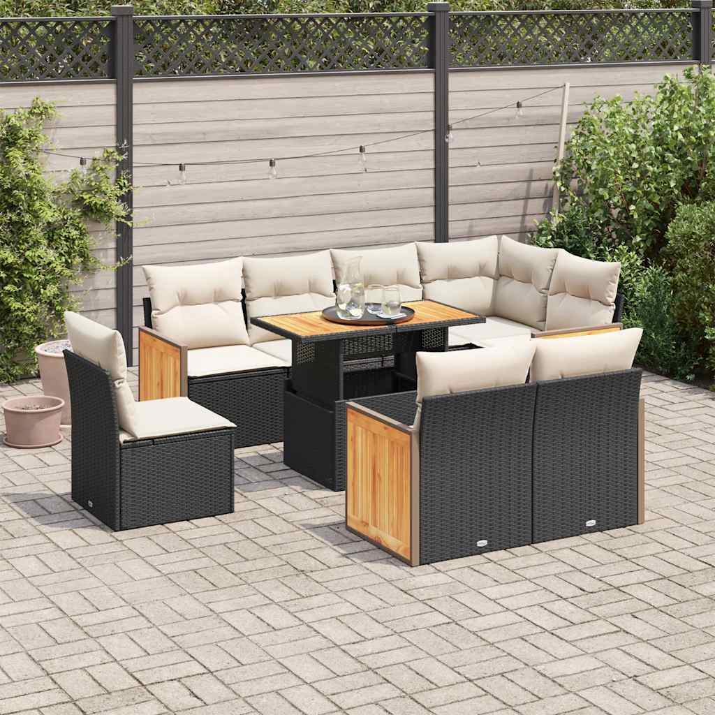 Set mobilier grădină perne 9 piese negru poliratan/lemn acacia GartenMobel Dekor