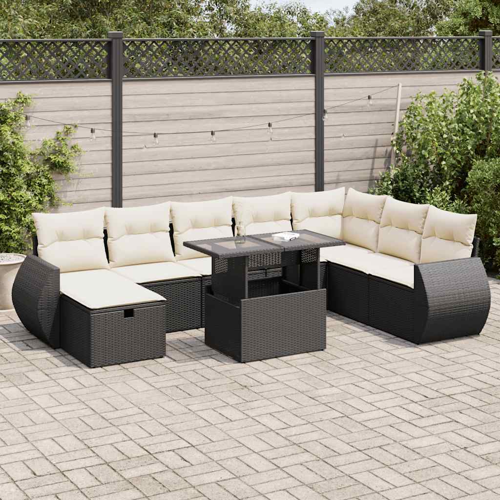 Set mobilier de grădină cu perne, 9 piese, negru, poliratan GartenMobel Dekor