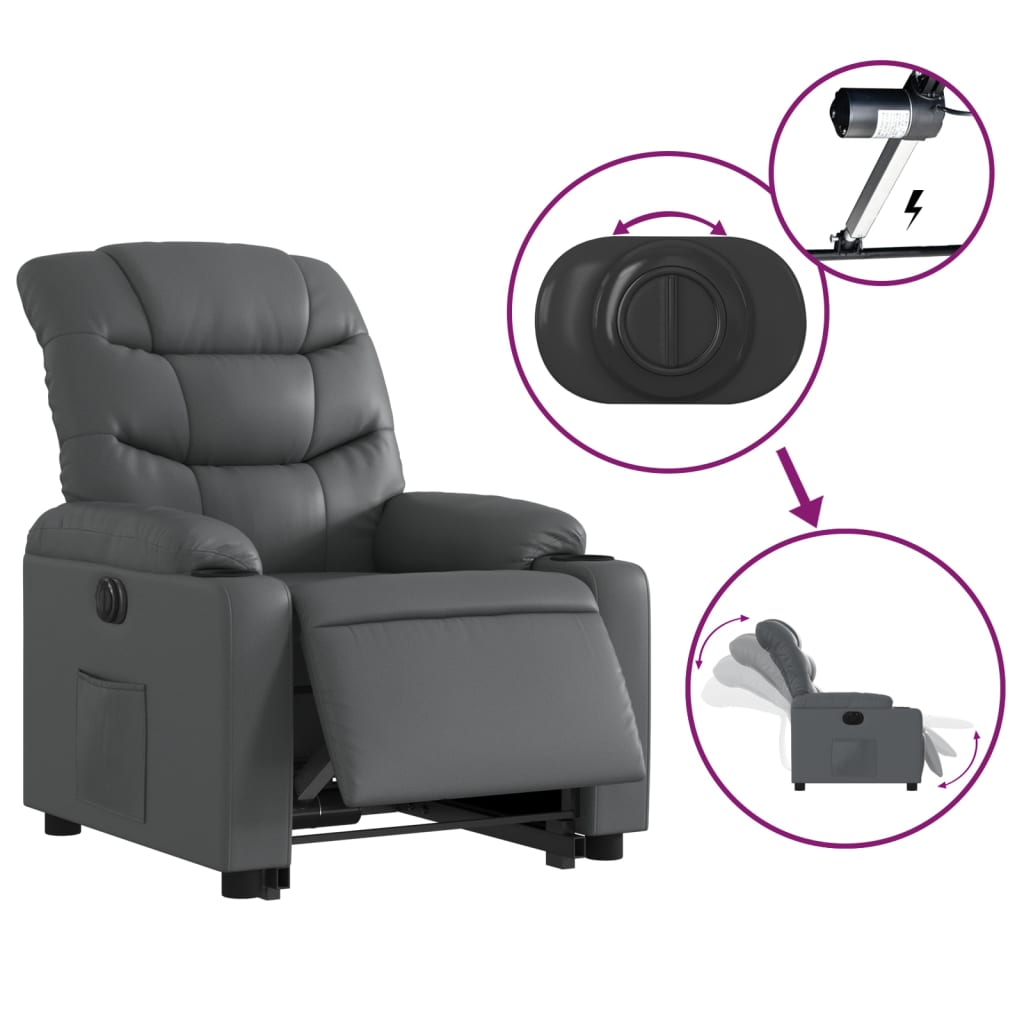 Fotoliu rabatabil electric cu ridicare, gri, piele ecologică GartenMobel Dekor