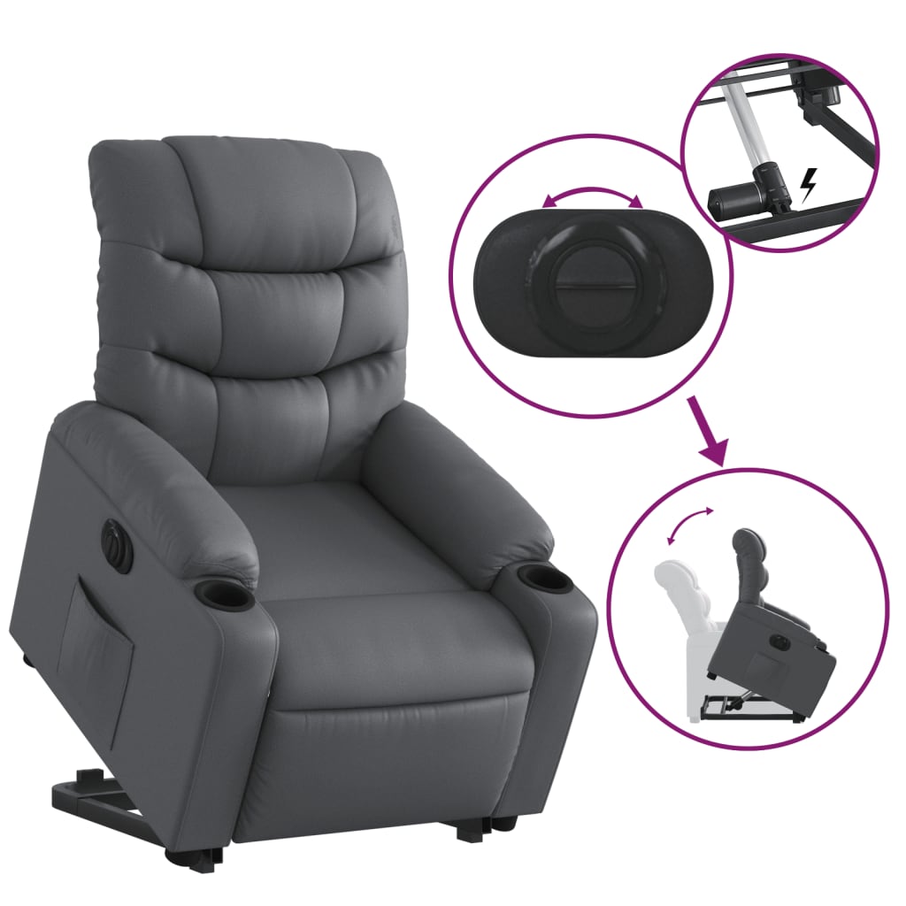 Fotoliu rabatabil electric cu ridicare, gri, piele ecologică GartenMobel Dekor