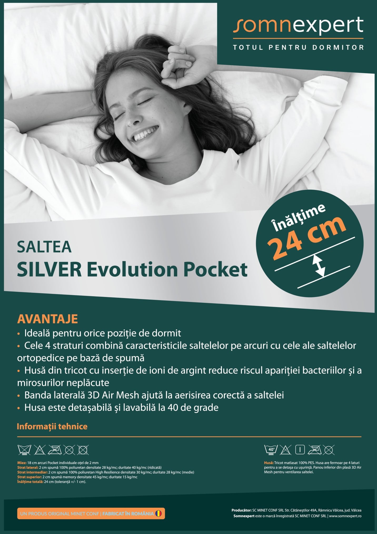 Saltea cu memorie și arcuri individuale Somnexpert Silver Evolution Pocket Spring 140x190, înălțime 24 cm, husă detașabilă, fermitate medie Relax KipRoom