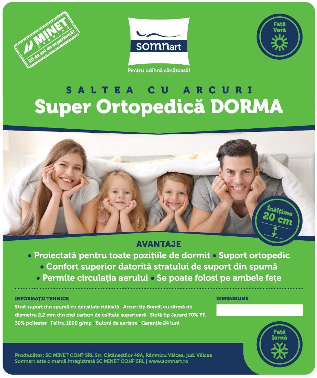 Saltea cu arcuri SomnART DORMA 120x190, înălțime 20 cm, ortopedică, husă matlasată, duritate medie Relax KipRoom