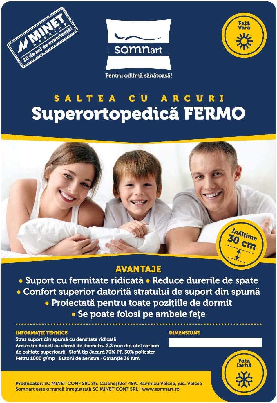 Saltea cu arcuri SomnART FERMO 160x200, înălțime 30 cm, superortopedica, husă matlasată, duritate extra ferma Relax KipRoom